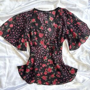 My Michelle Floral V-Neck Flutter Sleeve Blouse Black Red Rose Empire Waist S